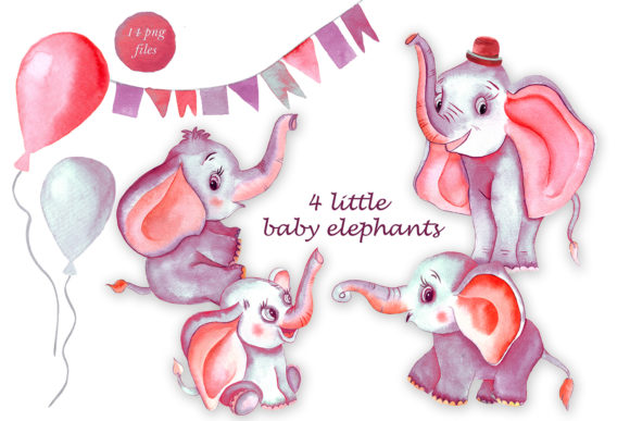 Pink Watercolor Elephants Clipart Decor